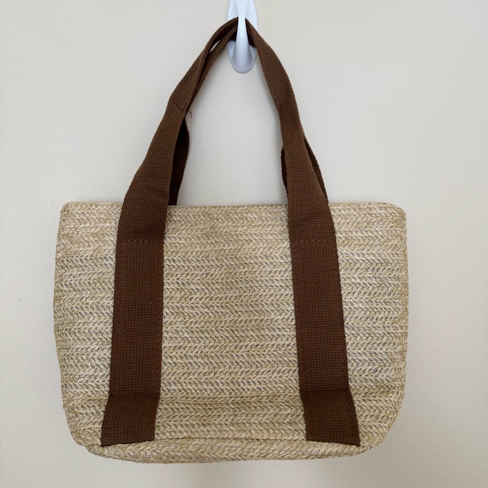 Mini Woven Straw Tote Bag with Brown Straps